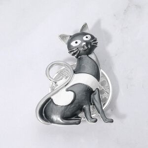 Gray Silver Cat Magnetic Brooch Pin 2.25" Statement Colored Metal Pendant Grey